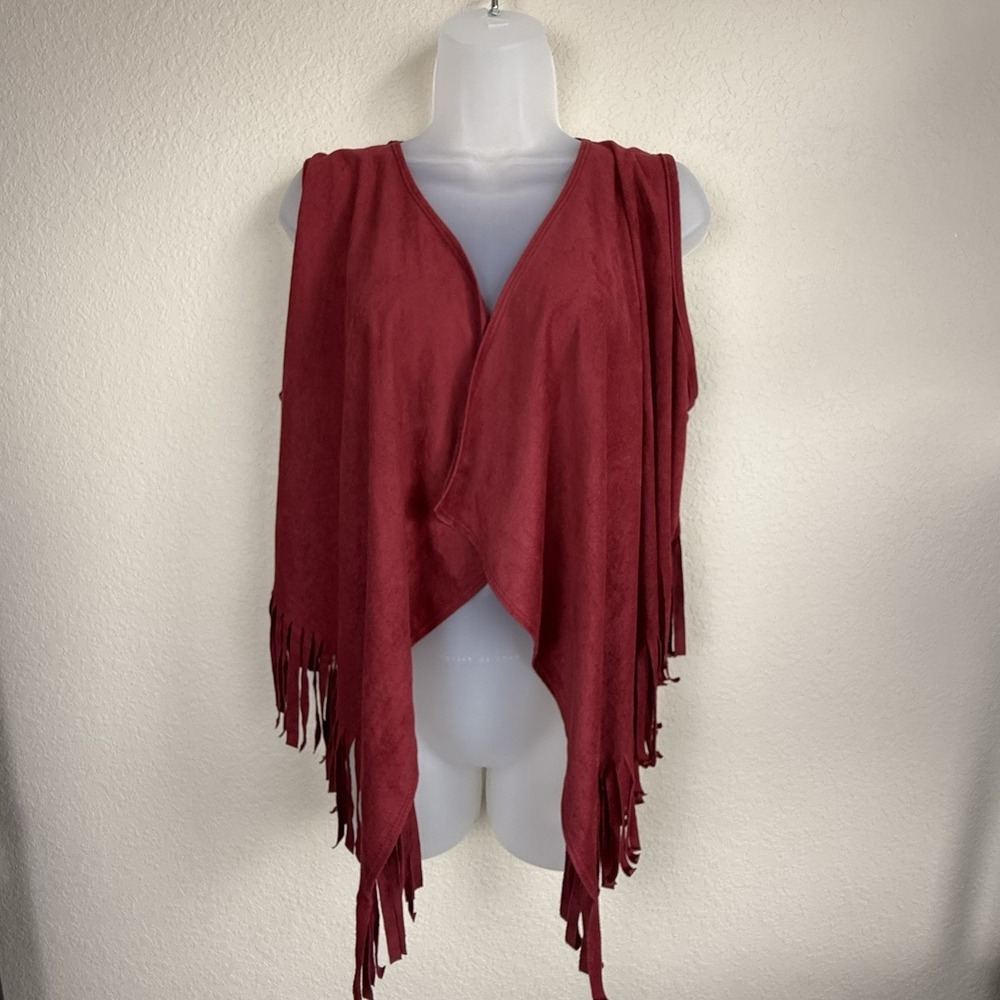 A3 Design Faux Suede Red Fringe Vest Western Festival Boho Hippie OS - Picture 7 of 7